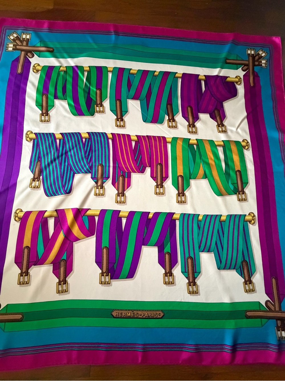 Hermes Les Sangles Multicolor Silk Scarf with Bold Belt Stripes.